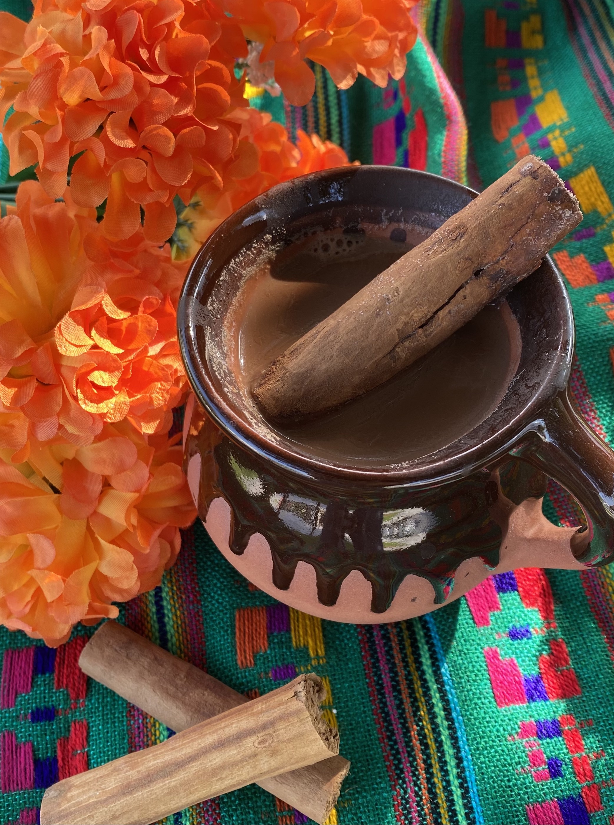 mug of mexican cocoa and a cinnamon stick